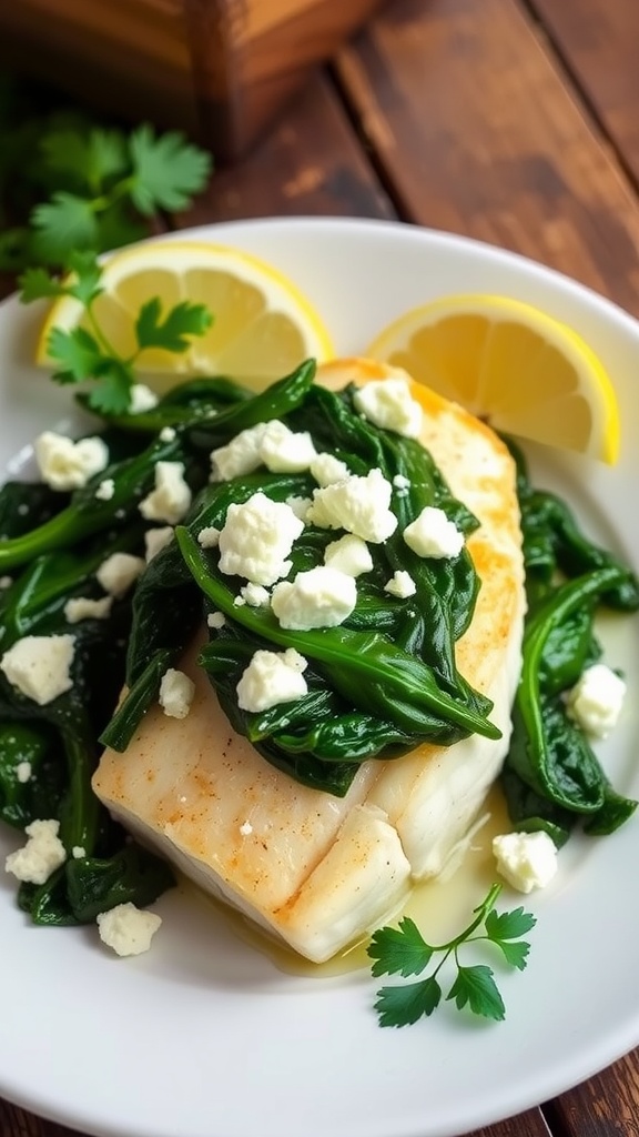 Oven-baked cod with spinach and feta, garnished with parsley and lemon on a rustic table.